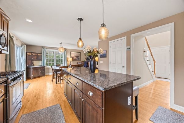 Dining room, Interior, Kitchen, Pendant Lights, Recessed Lighting, Wood Texture Flooring