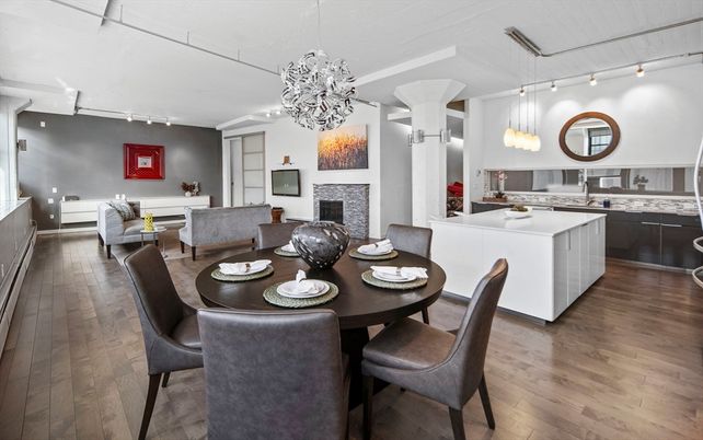 Dining room, Fireplace, Interior, Living room, Pendant Lights, Wood Texture Flooring
