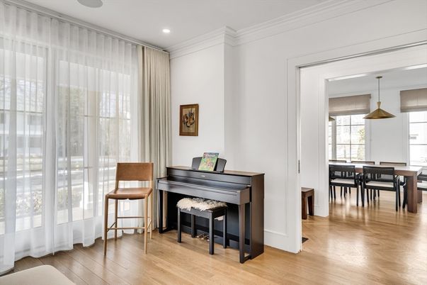 Dining room, Interior, Pendant Lights, Piano, Recessed Lighting, Wood Texture Flooring