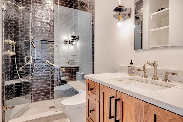 Bathroom, Dual Sink Vanities, Glass Shower, Interior, Pendant Lights