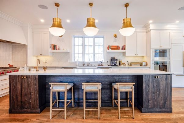 Interior, Kitchen, Marble Walls, Pendant Lights, Recessed Lighting, Stainless Steel Appliances, Wood Texture Flooring