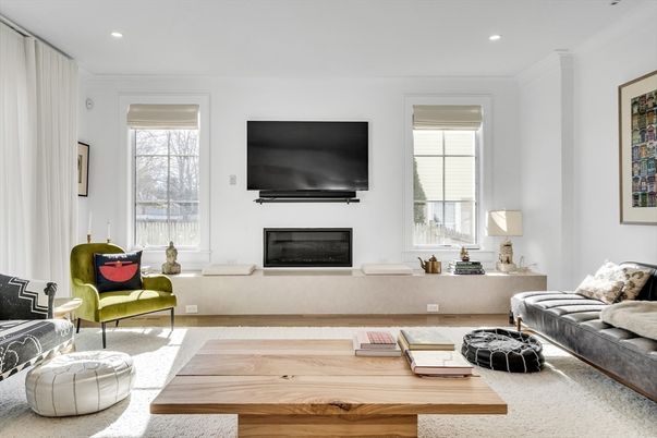 Fireplace, Interior, Living room, Recessed Lighting, Wood Texture Flooring