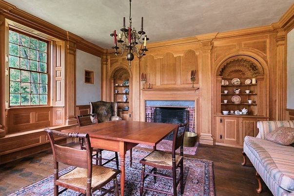 Chandelier, Dining room, Fireplace, Interior, Wood Texture Flooring, Wooden Walls