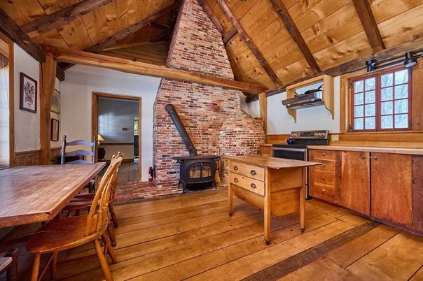 Dining room, Fireplace, Interior, Kitchen, Stone Walls, Wooden Beams, Wooden Ceilings, Wood Texture Flooring