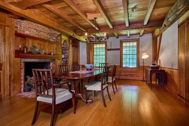 Dining room, Fireplace, Interior, Stone Walls, Wooden Beams, Wooden Ceilings, Wood Texture Flooring