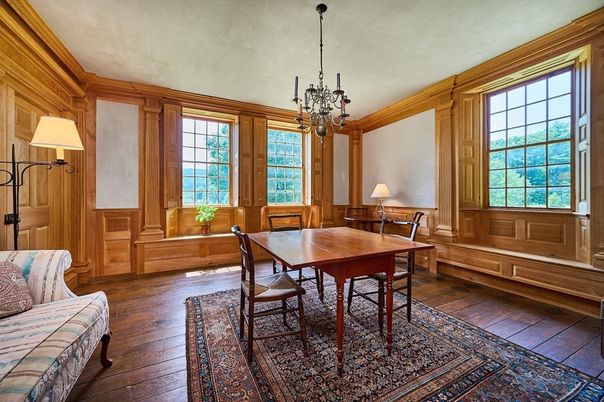 Dining room, Interior, Pendant Lights, Wood Texture Flooring, Wooden Walls