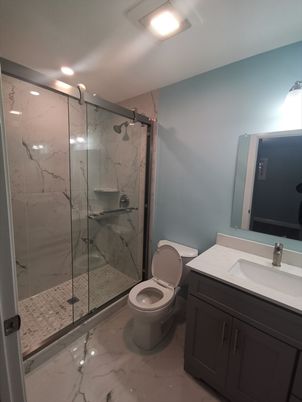 Bathroom, Glass Shower, Interior, Marble, Marble Walls, Recessed Lighting
