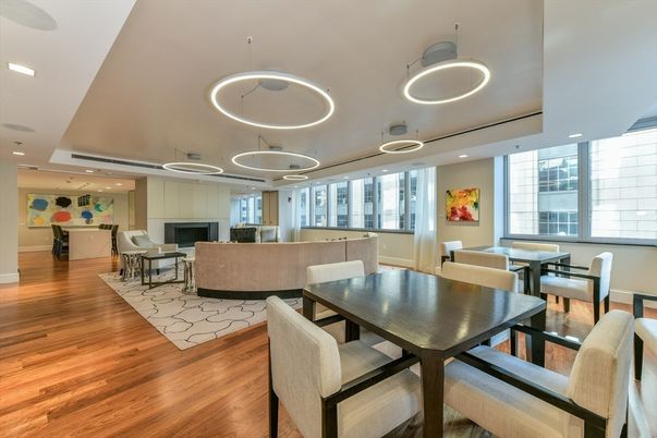 Dining room, Fireplace, Interior, Living room, Pendant Lights, Recessed Lighting, Wood Texture Flooring