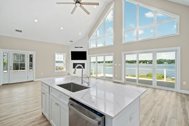 Fireplace, Interior, Kitchen, Recessed Lighting, Water, Wood Texture Flooring
