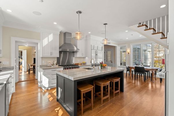 Dining room, Interior, Kitchen, Pendant Lights, Recessed Lighting, Stainless Steel Appliances, Wood Texture Flooring