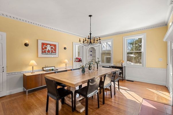 Chandelier, Dining room, Interior, Wood Texture Flooring