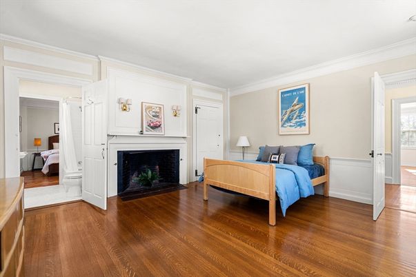 Bedroom, Fireplace, Interior, Wood Texture Flooring