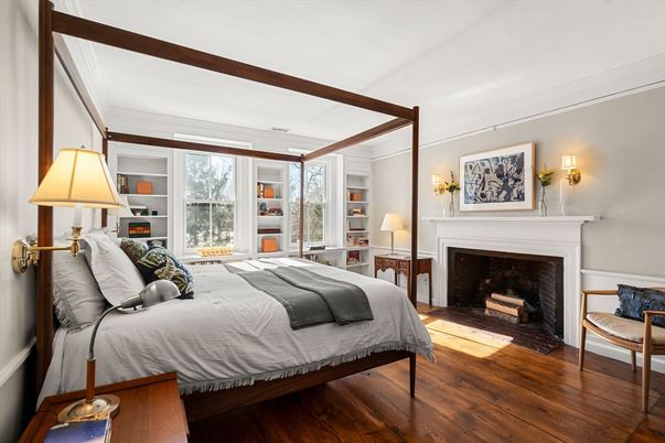 Bedroom, Fireplace, Interior, Wood Texture Flooring