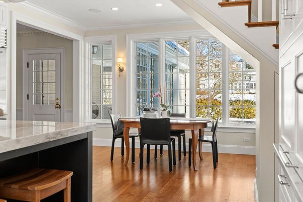 Dining room, Interior, Recessed Lighting, Wood Texture Flooring