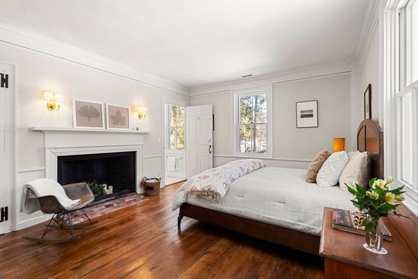 Bedroom, Fireplace, Interior, Wood Texture Flooring