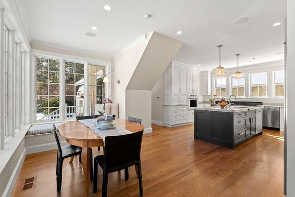 Dining room, Interior, Kitchen, Pendant Lights, Recessed Lighting, Stainless Steel Appliances, Wood Texture Flooring