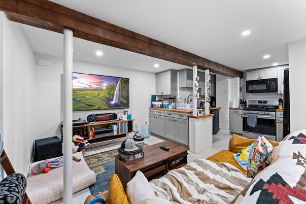 Interior, Kitchen, Living room, Recessed Lighting, Stainless Steel Appliances, Wooden Beams