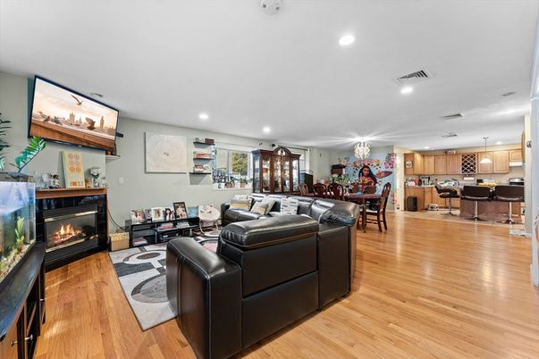 Dining room, Fireplace, Interior, Kitchen, Living room, Pendant Lights, Recessed Lighting, Wood Texture Flooring