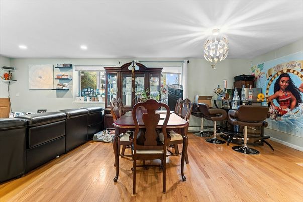 Dining room, Interior, Recessed Lighting, Wood Texture Flooring