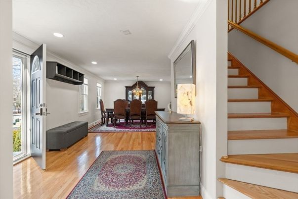 Dining room, Interior, Living room, Recessed Lighting, Wood Texture Flooring