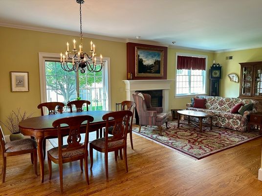 Chandelier, Dining room, Fireplace, Interior, Living room, Wood Texture Flooring