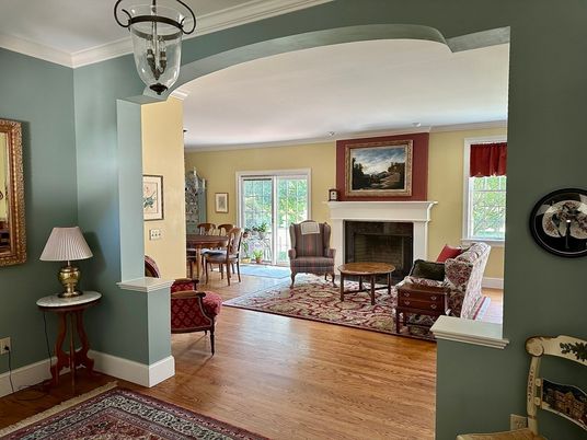 Dining room, Fireplace, Interior, Living room, Pendant Lights, Wood Texture Flooring
