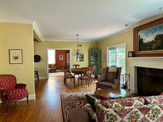 Chandelier, Dining room, Fireplace, Interior, Living room, Wood Texture Flooring