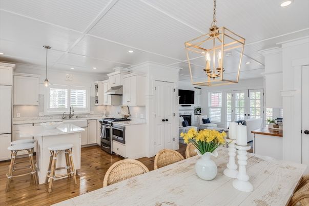 Fireplace, Interior, Kitchen, Living room, Pendant Lights, Recessed Lighting, Stainless Steel Appliances, Wood Texture Flooring