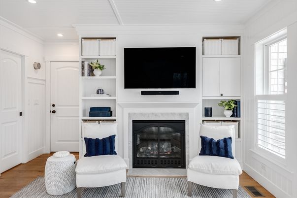 Fireplace, Interior, Recessed Lighting, Wood Texture Flooring