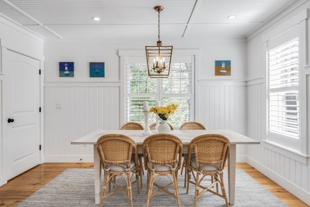 Dining room, Interior, Pendant Lights, Recessed Lighting, Wood Texture Flooring