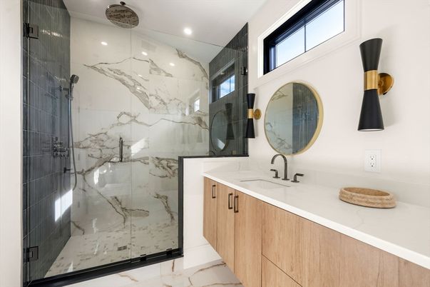 Bathroom, Glass Shower, Interior, Marble, Marble Walls, Recessed Lighting