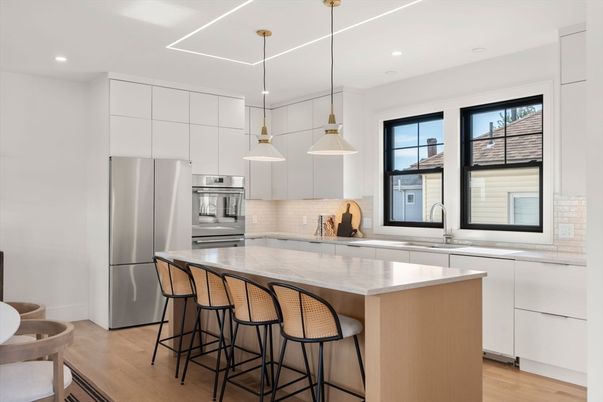 Interior, Kitchen, Pendant Lights, Recessed Lighting, Stainless Steel Appliances, Wood Texture Flooring