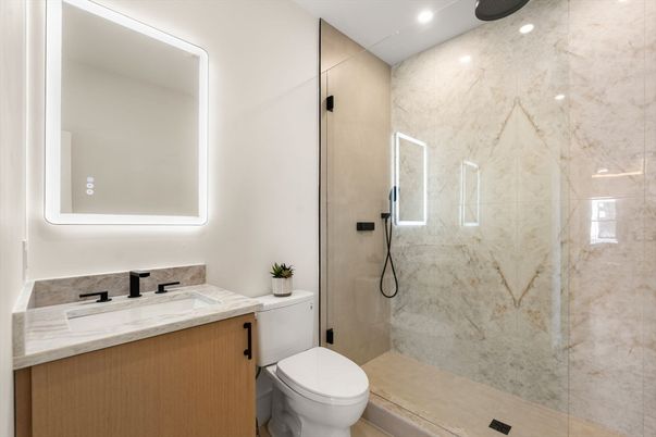Bathroom, Glass Shower, Interior, Marble Walls, Recessed Lighting
