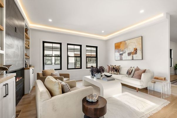 Fireplace, Interior, Living room, Recessed Lighting, Wood Texture Flooring