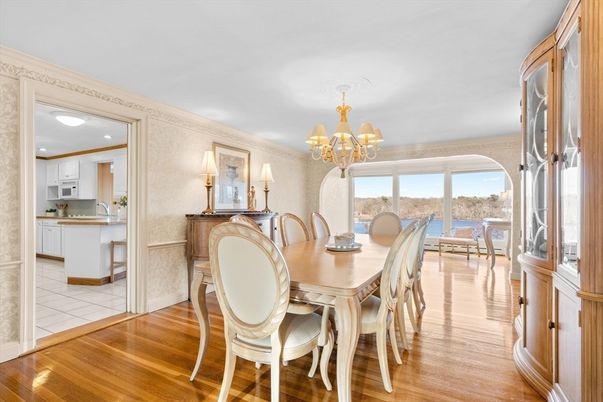Chandelier, Dining room, Interior, Kitchen, Recessed Lighting, Wood Texture Flooring