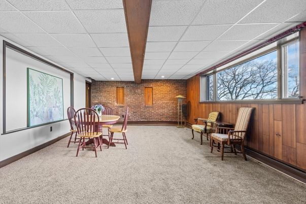 Dining room, Interior, Recessed Lighting, Stone Walls, Wooden Beams