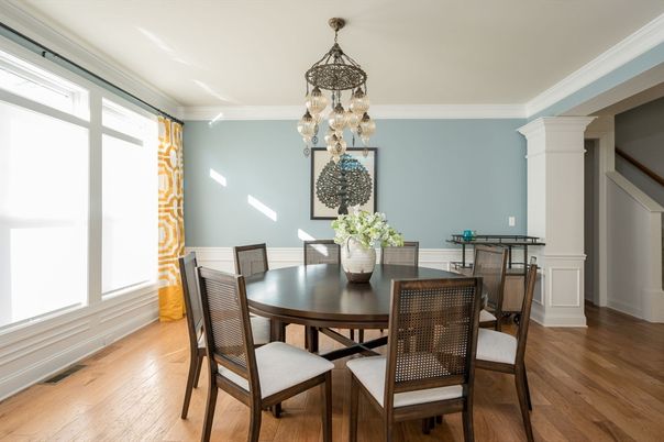 Dining room, Interior, Pendant Lights, Wood Texture Flooring