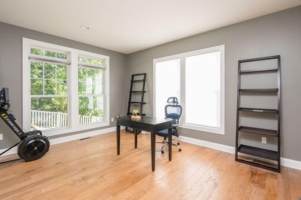 Fitness Equipment, Home Office, Interior, Recessed Lighting, Wood Texture Flooring