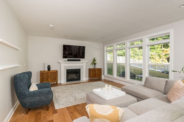 Fireplace, Interior, Living room, Recessed Lighting, Wood Texture Flooring