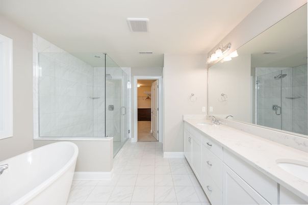 Bathroom, Dual Sink Vanities, Free Standing Baths, Glass Shower, Interior, Marble, Marble Walls
