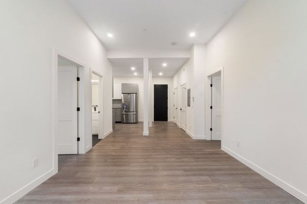 Interior, Kitchen, Recessed Lighting, Stainless Steel Appliances, Wood Texture Flooring