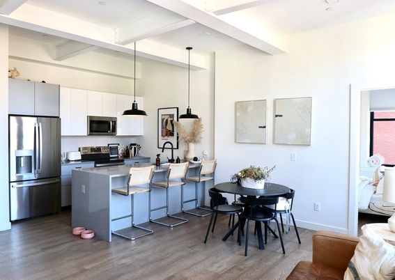 Dining room, Interior, Kitchen, Pendant Lights, Recessed Lighting, Stainless Steel Appliances, Wood Texture Flooring