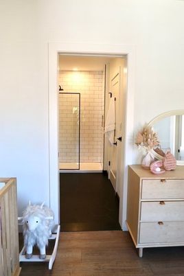 Bathroom, Glass Shower, Interior, Wood Texture Flooring