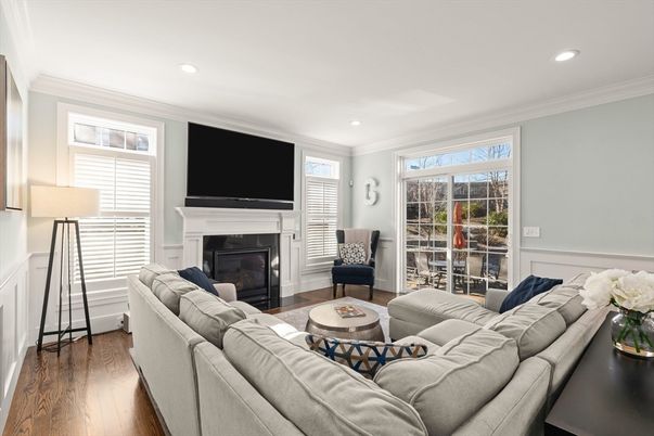 Fireplace, Interior, Living room, Recessed Lighting, Wood Texture Flooring