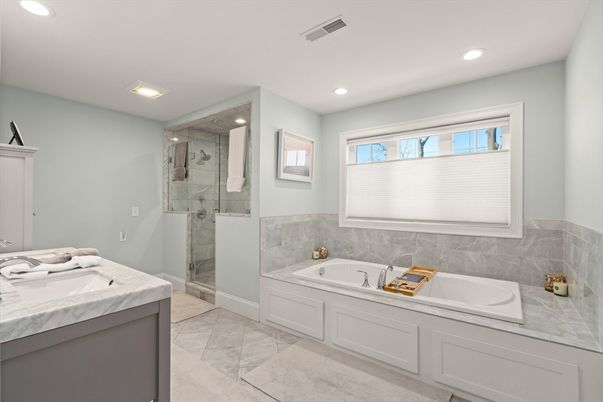 Bathroom, Dual Sink Vanities, Glass Shower, Interior, Recessed Lighting