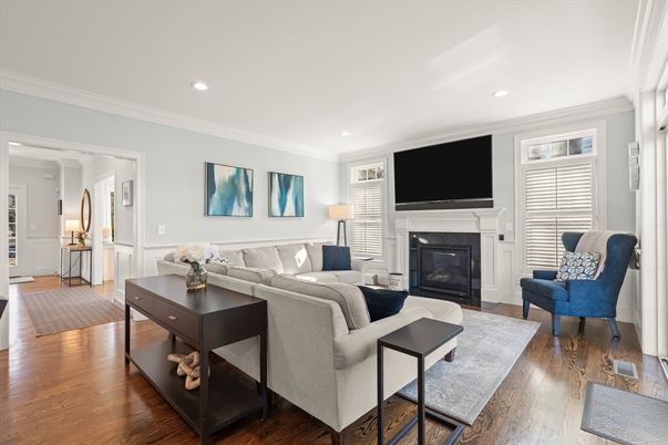 Fireplace, Interior, Living room, Recessed Lighting, Wood Texture Flooring