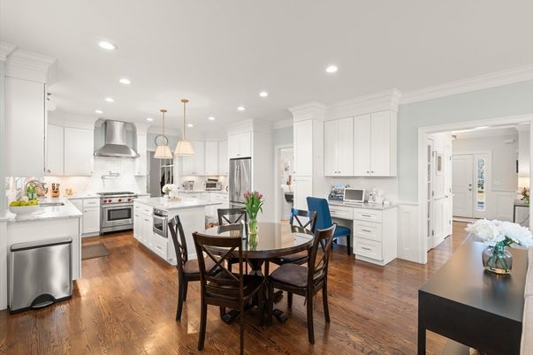 Dining room, Interior, Kitchen, Pendant Lights, Recessed Lighting, Stainless Steel Appliances, Wood Texture Flooring