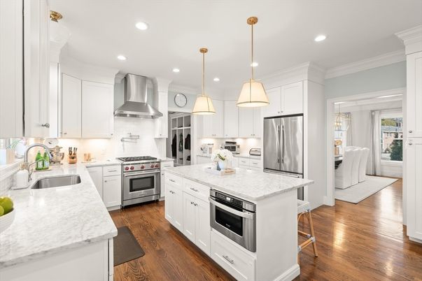 Interior, Kitchen, Pendant Lights, Recessed Lighting, Stainless Steel Appliances, Wood Texture Flooring