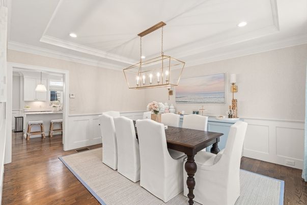 Dining room, Interior, Kitchen, Pendant Lights, Recessed Lighting, Water, Wood Texture Flooring