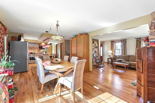 Dining room, Interior, Living room, Pendant Lights, Wood Texture Flooring
